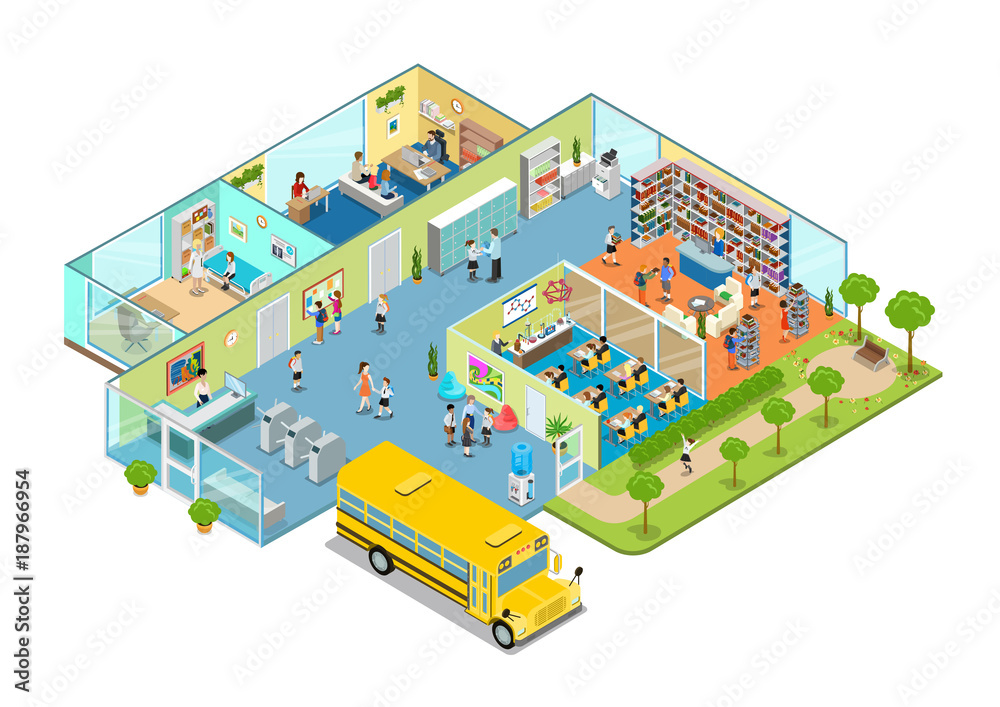 Flat isometric 3d education school college interior cells vector Stock ...