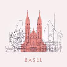 Outline Basel Skyline With Landmarks. Vector Illustration. Business Travel And Tourism Concept With Historic Buildings. Image For Presentation, Banner, Placard And Web Site.