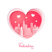 Valentines Card. Paper Cut Heart And City Of Chicago. Happy Valentine Day. Vector Illustration.