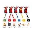 Different Types of Extinguishers - Water, Water mist,Foam, Dry Powder, Wet chemical, Carbon Dioxide. Use extinguishers table and symbols.Vector icons on white background. Extinguisher instruction.