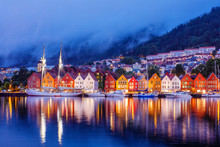 Bergen Street At Night With Boats In Norway