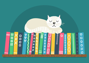 Wall Mural - Books on shelf with white cat. Difrent color books with ornament on shelf on teal background. Cat sleeping on bookshelf. Vector illustration.