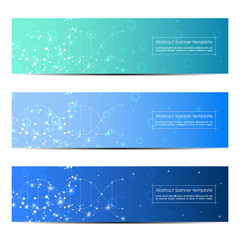 Wall Mural - Set of abstract banner design, dna molecule structure background. Geometric graphics and connected lines with dots. Scientific and technological concept, vector illustration.