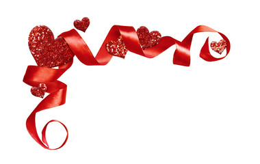 Wall Mural - Corner arrangement with red silk twisted ribbon and glitter hearts