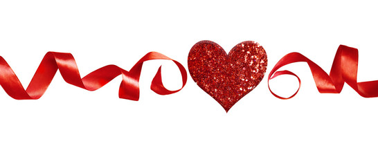 Wall Mural - Line arrangement with red silk twisted ribbons and glitter heart