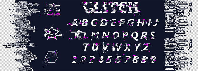 Fototapete - Glitch distortion typeface. Letters and numbers.Set of abstract design background in modern distorted glitch style. Trendy templates for cover posters, banners, flyers, placards, pictures. 