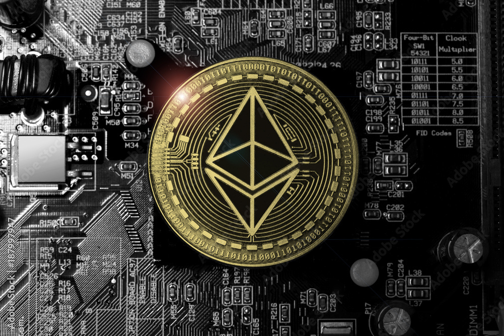 ethereum coin on an computer motherboard golden style