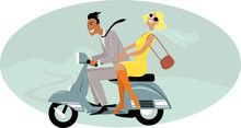 Young Couple Dressed In 1960s Fashion Riding A Vintage Scooter, EPS 8 Vector Illustration