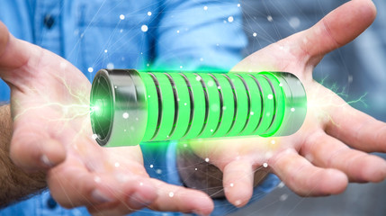 Poster - Businessman using green battery with lightnings 3D rendering