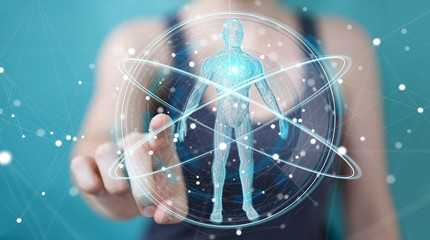Poster - Businesswoman using digital x-ray human body scan interface 3D rendering
