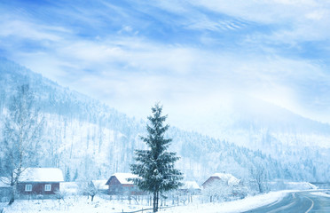 Sticker - Road near mountain village in winter