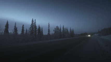 Fototapete - Car lights in winter forest