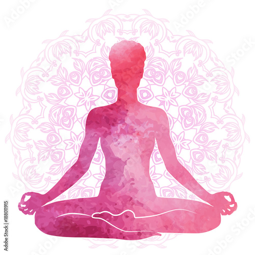 Photographie Practicing yoga, relaxation and meditation. Watercolor Silhouette