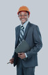 © ASDF - African american engineer a over white background.