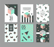 Memphis Style Geometric Elements Poster Templates Set. Abstract Hipster Fashion 80s 90s Cards Brochure Banners with Place for Text. Vector illustration