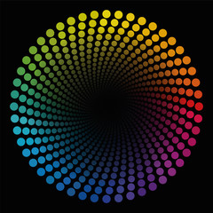 Wall Mural - Colored spiral dots pattern tube - rainbow colored geometric twisted circular illustration with black center that seems to expand - optical illusion.