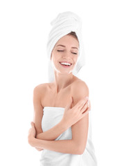 Poster - Attractive young woman in towel on white background