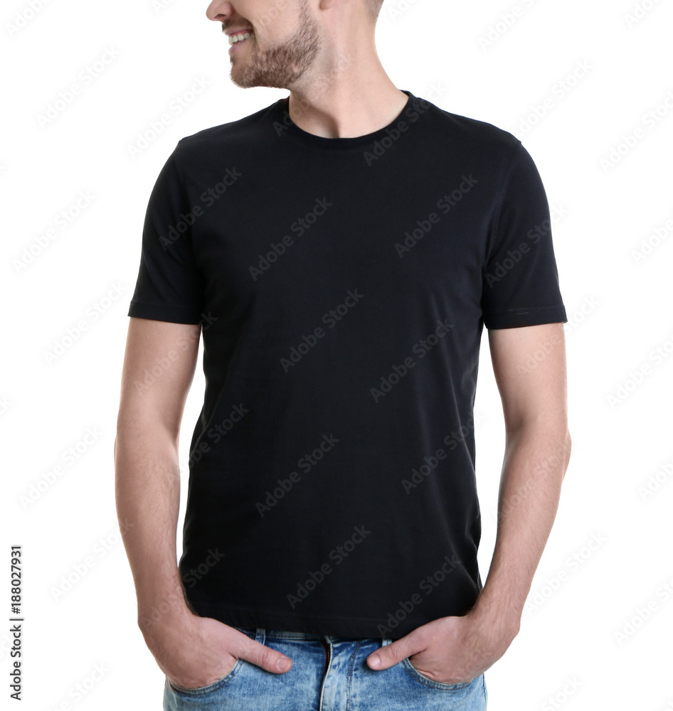 Young man in color t-shirt on white background. Mockup for design