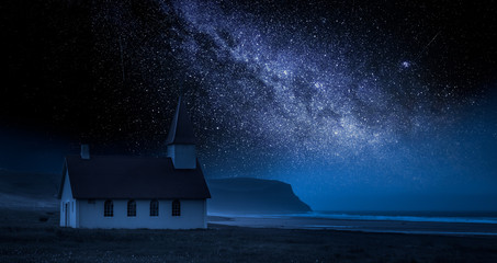 Wall Mural - small church on the beach at night with stars, iceland
