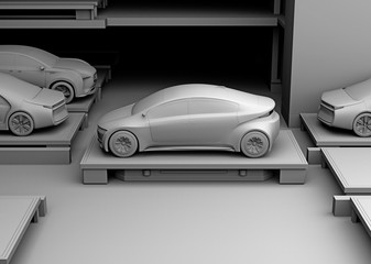 Wall Mural - Clay rendering of automated guided vehicle carrying a car to parking space. Concept for automatic car parking system. 3D rendering image.