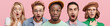 © WHstudio Leushin N - Indoor shot of different people stand in row, express great surprisment and amazement as hear unexpected news, stare at camera with bugged eyes, isolated over pink background. Facial expressions
