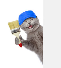 Poster - Funny cat in blue hat with paint brush behind white banner. isolated on white background