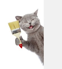 Funny cat with paint brush behind white banner. isolated on white background