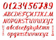 Red ribbon alphabet letters and numbers on white background.Set of uppercase and lowercase letters, diacritic marks and numbers. 