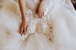 the bride touches her white wedding dress