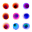 Set of gradient circles of vibrant colors. Rainbow colored collection of blurred holes on white background. Red, pink, purple, blue transparent spots and dots.