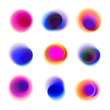 Set of gradient circles of vibrant colors. Red, pink, purple, blue transparent dots. Rainbow colored collection of blurred round spots on white background.