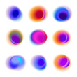 Set of gradient circles of vibrant colors. Rainbow colored collection of blurred round spots on white background. Red, pink, purple, blue transparent dots.
