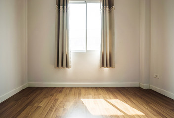 Wall Mural - Interior space, empty room, laminate wooden floor with opened window receiving sunlight in the morning