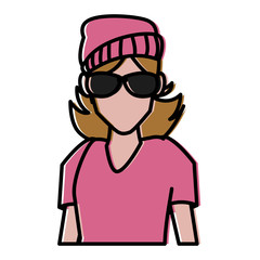 Sticker - Woman with sunglasses cartoon icon vector illustration graphic design