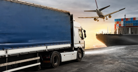 Wall Mural - Truck, aircraft and cargo ship ready to start to deliver