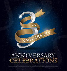 Wall Mural - 3rd years anniversary celebration silver and gold logo with golden ribbon on dark blue background. vector illustrator