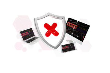 Poster - Shield symbol surrounded by devices and network displayed on a futuristic interface