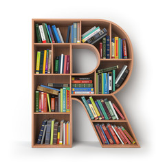 Poster - Letter R. Alphabet in the form of shelves with books isolated on white.