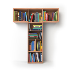 Poster - Letter T. Alphabet in the form of shelves with books isolated on white.