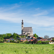 Spring Scenery With Rural Catholic Church And Small Bavarian Village