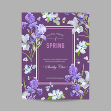 Floral Bloom Spring Frame With Purple Iris Flowers. Invitation, Poster, Greeting Card Flyer Template. Vector Illustration