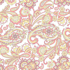  Paisley seamless pattern with flowers in indian style. Floral vector background