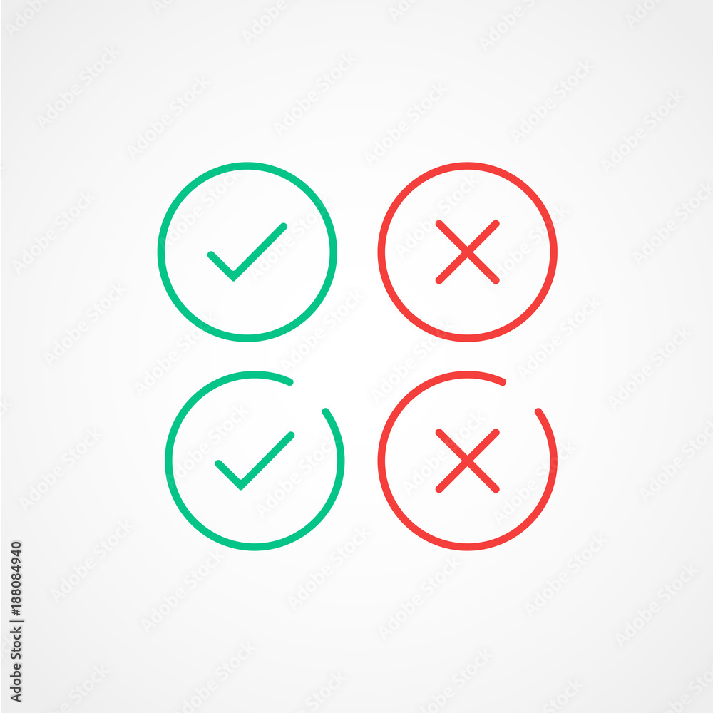 Thin line check mark icons. Green tick and red cross checkmarks flat ...