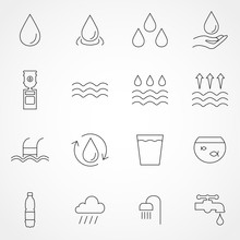 Set Of Water In Modern Thin Line Style. High Quality Black Outline Drop Symbols For Web Site Design And Mobile Apps. Simple Water Pictograms On A White Background.