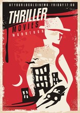 Creative Poster Design For Thriller Movie Show. Cinema Poster Template With Secret Agent Silhouette And Night City Scene. Vector Layout.