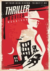 Wall Mural - Creative poster design for thriller movie show. Cinema poster template with secret agent silhouette and night city scene. Vector layout.