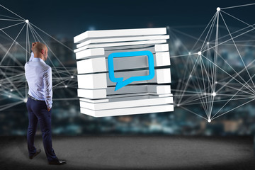 Poster - Businessman in front of a wall with 3D rendering Blue Email symbol displayed in a sliced cube