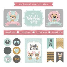 Sticker Set Of Funny Dogs With Hearts. Valentine's Day. Vector Illustration.
