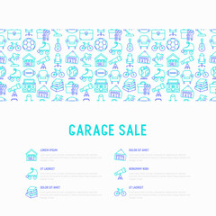  Garage sale concept with thin line icons: signboard, globe, telescope,guitar, rollers, armchair, toolbox, soccer ball. Modern vector illustration for banner, print media, web page.