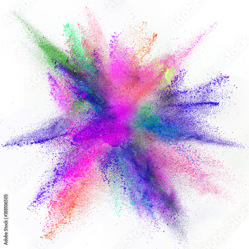 Explosion of colored powder on white background